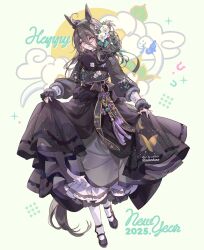 1girl 2025 animal_ears black_bow black_dress black_hair black_scarf black_shoes bow camellia camellia_print clothes_lift commentary_request dress dress_lift ear_ornament floral_print flower frilled_dress frills hair_between_eyes hair_flower hair_ornament happy_new_year horse_ears horse_girl horse_tail korean_commentary layered_dress long_bangs long_hair long_hair_between_eyes long_sleeves manhattan_cafe_(umamusume) multicolored_hair new_year panties pearl_hair_ornament scarf shoes skirt_hold solo tail umamusume underwear very_long_hair welchino white_flower white_hair white_panties yellow_eyes