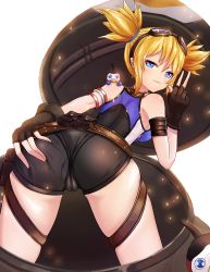 Rule 34 | 10s, 1girl, animal costume, armlet, ass, ass grab, backboob, bare shoulders, belt, bird, black gloves, blonde hair, blue eyes, blush, breasts, cameltoe, covered erect nipples, daydream, deep skin, familiar, female focus, fingerless gloves, gloves, goggles, goggles on head, granblue fantasy, half-closed eyes, highres, jewelry, leaning, leaning forward, leotard, looking at viewer, pengie, penguin, penguin costume, shiny clothes, shiny skin, short hair, short shorts, short twintails, shorts, smile, solo, twintails, w