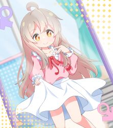 1girl absurdres ahoge bare_legs beenyan_1203 blonde_hair collarbone commentary genderswap genderswap_(mtf) highres long_hair long_sleeves looking_at_viewer making-of_available mars_symbol onii-chan_wa_oshimai! orange_eyes oyama_mahiro pink_shirt puffy_long_sleeves puffy_sleeves red_ribbon ribbon shirt skirt skirt_hold smile solo venus_symbol white_skirt