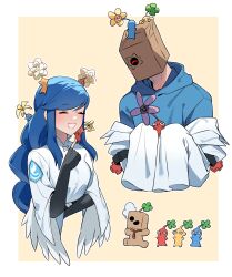 1boy 1girl arm_across_waist arm_up bag bag_on_head black_gloves blue_hair blue_hoodie blue_pikmin blush border closed_eyes clover coat commentary_request cropped_torso dizzy_(guilty_gear) elbow_gloves faust_(guilty_gear) feathered_wings fingerless_gloves flower four-leaf_clover gloves guilty_gear guilty_gear_strive hair_intakes highres holding hood hood_down hoodie index_finger_raised korean_commentary long_hair nintendo object_on_head on_head one_eye_covered open_mouth paper_bag pikmin_(creature) pikmin_(series) queen_dizzy red_pikmin sleeves_past_wrists swept_bangs triangle_mouth white_border white_coat white_flower white_wings wings yeji36 yellow_flower yellow_pikmin