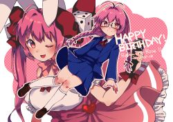 Rule 34 | 1girl, animal ears, blue skirt, blush, bow, braid, character name, closed mouth, di gi charat, glasses, happy birthday, highres, holding, holding microphone, microphone, multiple views, one eye closed, open mouth, pink hair, pleated skirt, rabbit ears, rectangular eyewear, red bow, red ribbon, ribbon, school uniform, skirt, socks, twin braids, twintails, usada hikaru, wadante, white socks, wrist bow