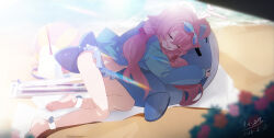 1girl absurdres ahoge bare_legs barefoot beach beads bikini blue_archive blue_jacket closed_eyes eyewear_on_head frilled_bikini frills hair_beads hair_between_eyes hair_ornament hayate_(1034853996) highres hoshino_(blue_archive) hoshino_(swimsuit)_(blue_archive) inflatable_toy inflatable_whale jacket long_hair low_twintails ocean official_alternate_costume sidelocks sleeping solo sunglasses swimsuit twintails white_bikini