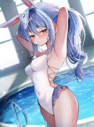 1girl animal_ear_fluff animal_ears arms_up blush brown_eyes covered_navel extra_ears frilled_one-piece_swimsuit frills highres hololive long_hair looking_at_viewer one-piece_swimsuit pecco_(pecchn478) poolside rabbit_ears rabbit_girl sidelocks solo swimsuit thick_eyebrows twitter_username usada_pekora wet