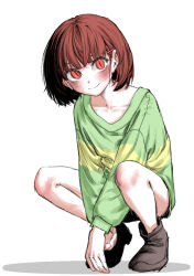 1other androgynous blush brown_hair chara_(undertale) eonune_yeoul green_sweater highres looking_at_viewer red_eyes shorts smile sweater undertale vertical_eye_lines white_background