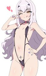 Rule 34 | 1girl, absurdres, bare shoulders, black slingshot swimsuit, blush, breasts, choker, coffee inu, fate/grand order, fate (series), forked eyebrows, highres, long hair, looking at viewer, melusine (fate), navel, one eye closed, pubic tattoo, sidelocks, slingshot swimsuit, small breasts, smile, solo, swimsuit, tattoo, thighs, tongue, tongue out, white hair, yellow eyes
