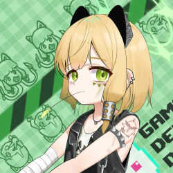 Rule 34 | 1girl, absurdres, alternate costume, animal ears, armlet, asymmetrical sidelocks, bandaged arm, bandages, bare shoulders, black vest, blonde hair, blue archive, blunt bangs, blunt sidelocks, cat ears, chain, character background, checkered background, chinese commentary, closed mouth, commentary, death momoi (meme), doodle background, ear piercing, facial mark, fake animal ears, fake scar, green background, green eyes, green halo, hair ornament, halo, highres, jewelry, leather, leather vest, looking at viewer, marshal (artist), medium hair, meme, midori (blue archive), momoi (blue archive), mouth hold, necklace, parted bangs, patterned background, peroro (blue archive), piercing, shirt, shoulder tattoo, sidelocks, sleeveless, sleeveless shirt, solo, spiked armlet, spikes, stalk in mouth, tattoo, upper body, vest, white shirt