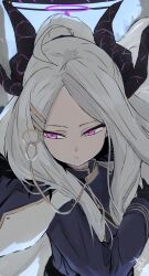 absurdres ahoge black_coat black_gloves black_halo blue_archive coat coat_on_shoulders demon_girl demon_horns gloves halo highres hina_(blue_archive) horns kyurosuku long_hair looking_at_another purple_eyes upper_body white_hair