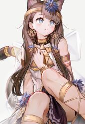 1girl absurdres ancient_egyptian_clothes animal_ears ankh arknights bare_shoulders blue_eyes blue_flower blunt_bangs blush brown_hair cat_ears cat_girl cat_tail dress earrings flower gold gold_anklet gold_armlet hair_flower hair_ornament hand_on_own_chest headpiece highres jewelry knee_up long_hair looking_ahead looking_to_the_side nopetroto official_alternate_costume parted_lips pepe_(arknights) pepe_(nuit_of_the_nightsky)_(arknights) simple_background sitting solo tail tail_ornament tail_ring thighs usekh_collar very_long_hair white_background white_dress x_hair_ornament