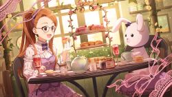 1girl bow brown_hair buttons chair cherry collar cup drinking_glass flower food forehead frilled_collar frills fruit game_cg glasses hairband holding holding_food idolmaster idolmaster_million_live! idolmaster_million_live!_theater_days leaf minase_iori official_art open_mouth plate ponytail red_eyes skirt spoon stuffed_animal stuffed_rabbit stuffed_toy table teapot window wine_glass