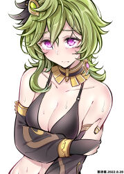 1girl arm_under_breasts bare_shoulders bikini black_bikini black_sleeves blush breasts bridal_gauntlets closed_mouth collar collarbone collei_(genshin_impact) commentary_request dated detached_sleeves earrings eyebrows_hidden_by_hair fei_luo_mao fingerless_gloves genshin_impact gloves green_hair hair_between_eyes hair_ornament highres jewelry medium_breasts navel partial_commentary purple_eyes short_hair simple_background solo sweat swimsuit tearing_up translation_request upper_body white_background