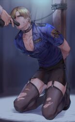 Rule 34 | 2boys, absurdres, animal collar, arms behind back, black collar, black footwear, black skirt, black thighhighs, blonde hair, blue eyes, blue shirt, collar, collared shirt, dbox 2525, dirty, dirty clothes, dirty face, garter straps, gun, gun in mouth, handgun, high heels, highres, holding, holding gun, holding weapon, kneeling, leon s. kennedy, long sleeves, looking at another, male focus, miniskirt, multiple boys, out of frame, parted bangs, pectorals, pencil skirt, police, police uniform, resident evil, resident evil 2, restrained, saliva, shirt, short hair, short sleeves, skirt, thighhighs, toned, toned male, torn clothes, torn thighhighs, weapon, yaoi