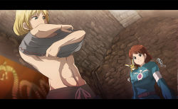 Rule 34 | 2girls, 71 (nanaichi drafting), abs, blonde hair, breasts, brown hair, closed mouth, clothes lift, commentary request, kaze no tani no nausicaa, kushana, letterboxed, multiple girls, nausicaa, navel, shirt lift, short hair, studio ghibli, tagme