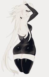 1girl arm_up ass back black_dress black_nails black_thighhighs breasts colored_skin commentary_request cropped_legs dr._stone dress facial_mark from_behind genderswap genderswap_(mtf) grey_background grey_eyes grin highres large_breasts long_hair looking_at_viewer looking_back nail_polish pale_skin simple_background smile solo thighhighs usa37107692 very_long_hair white_hair white_skin xeno_(dr.stone)