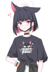 1girl animal_ears black_mask blue_archive cat_ears clothes_around_waist colored_inner_animal_ears colored_inner_hair eko extra_ears halo highres jacket jacket_around_waist kazusa_(band)_(blue_archive) kazusa_(blue_archive) mask mouth_mask multicolored_hair pink_halo print_shirt shirt simple_background solo white_background