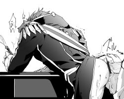 Rule 34 | 2boys, ace attorney, anal, barok van zieks, bottomless, censored, censored anus, clothed sex, from behind, hand on ass, izayoi0820, male focus, male penetrated, multiple boys, pantsless male, shaking, the great ace attorney, trembling, yaoi