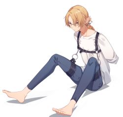 1boy barefoot bdsm blonde_hair bondage bondage_male bound braid feet genderswap genderswap_(ftm) glasses male_focus miri_(cherryjelly) nintendo pants pointy_ears sheik shirt simple_background single_braid sitting the_legend_of_zelda the_legend_of_zelda:_ocarina_of_time toes white_background white_shirt