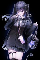 Rule 34 | 1girl, absurdres, artist name, bag, black background, black cardigan, black hair, black jacket, black necktie, black skirt, black thighhighs, blue hair, bow, candy, cardigan, collar, collared shirt, colored inner hair, commentary, commission, demon tail, ear piercing, floating hair, food, hair bow, hair intakes, hair ornament, hairpin, hands up, heart, heart hair ornament, highres, holding, holding bag, holding candy, holding food, holding lollipop, jacket, kumo tabetai, light blush, lollipop, looking at viewer, multicolored hair, multiple hairpins, nail polish, necktie, open clothes, open collar, open jacket, open mouth, original, phone, piercing, pleated skirt, purple eyes, purple nails, shirt, simple background, skeb commission, skirt, sleeves past wrists, solo, star (symbol), tail, teeth, thigh strap, thighhighs, thighs, two side up, white collar, white shirt, x hair ornament, zettai ryouiki