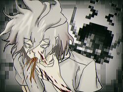 1boy blood blood_on_face blood_on_hands danganronpa_(series) danganronpa_2:_goodbye_despair emoji grey_background grey_eyes grey_hair hand_up highres komaeda_nagito male_focus pixelated short_hair solo upper_body uri_ka55 vomit vomiting