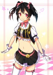 1girl belt black_hair black_skirt blush bow breasts checkered_floor choker closed_mouth cowboy_shot earrings engawa_(rarenago) frilled_gloves frilled_skirt frilled_sleeves frills gloves gradient_background hair_between_eyes hair_bow heart highres jewelry looking_at_viewer looking_to_the_side love_live! love_live!_school_idol_project medium_hair midriff navel no_brand_girls official_alternate_costume pink_belt pink_bow pink_choker red_eyes ribbon ribbon-trimmed_socks ribbon_choker ribbon_trim short_sleeves skirt small_breasts smile socks solo star_(symbol) star_earrings thighhighs twintails white_background white_gloves white_thighhighs yazawa_nico yellow_background