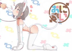 1boy 1other absurdres all_fours animal_ear_hairband animal_ears animal_hands artist_name ass bambi2000line bare_shoulders blush brown_collar brown_eyes cat_ears cat_tail claws collar commentary copyright_name elbow_gloves fake_animal_ears fellatio food from_side full_body gloves grey_hair hairband heart highres leash male-female_symbol male_focus onii-chan_wa_oshimai! oral out_of_frame panties paw_gloves paw_shoes popsicle profile senkawa_minato sexually_suggestive shoes simple_background simulated_fellatio solo_focus strapless tail thighhighs trap tube_top underwear white_background white_gloves white_panties white_shoes white_thighhighs white_tube_top