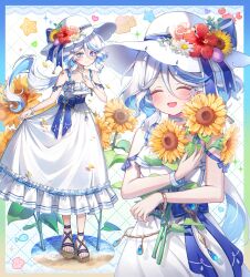 1girl ^_^ absurdres alternate_costume bare_shoulders blue_bow blue_eyes blue_gemstone blue_hair blue_pupils blush bow closed_eyes closed_mouth commentary dress drop-shaped_pupils flower full_body furina_(genshin_impact) gem genshin_impact hand_on_own_chest hashtag-only_commentary hat hat_flower hayun heterochromia highres holding holding_flower long_hair multicolored_hair multiple_views open_mouth red_flower skirt_hold sleeveless sleeveless_dress smile standing streaked_hair sundress sunflower symbol-shaped_pupils very_long_hair white_dress white_flower white_hair white_hat yellow_flower