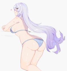1girl ass bare_shoulders black_swan_(honkai:_star_rail) commentary grey_background highres honkai:_star_rail honkai_(series) long_hair looking_at_viewer purple_hair simple_background smile solo thighs underwear underwear_only unfamousradish very_long_hair