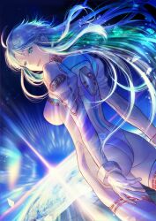 Rule 34 | 1girl, ahoge, ass, blue hair, breasts, cowboy shot, diffraction spikes, dutch angle, fate/grand order, fate (series), floating hair, from behind, game cg, green eyes, green hair, highleg, highleg leotard, hiroe rei, impossible clothes, juliet sleeves, kukulkan (fate), kukulkan (second ascension) (fate), leotard, long hair, long sidelocks, long sleeves, looking at viewer, looking back, medium breasts, official art, open mouth, puffy sleeves, sideless outfit, sidelocks, smile, solo, thighhighs, third-party source, very long hair, white leotard, white thighhighs