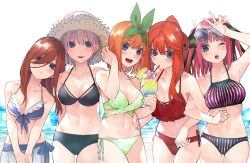 5girls absurdres ahoge arm_up armpits bare_shoulders bikini bikini_skirt black_bikini blue_eyes blush bow breasts breasts_squeezed_together brown_hair butterfly_hair_ornament cleavage closed_mouth cocktail_glass collarbone colored_skin cup dot_nose drinking drinking_glass drinking_straw female_focus glasses glasses_on_head go-toubun_no_hanayome green_bikini green_bow hair_between_eyes hair_bow hair_ornament hair_over_one_eye hand_on_another&#039;s_hip haruba_negi hat head_on_another&#039;s_shoulder highres holding_hands japanese_text juice large_breasts legs long_hair looking_at_viewer midriff miniskirt multiple_girls nakano_ichika nakano_itsuki nakano_miku nakano_nino nakano_yotsuba navel official_art one_eye_closed open_clothes open_mouth orange_hair peace peace_symbol pink_hair ponytail purple_bikini quintuplets red_bikini red_hair short_hair siblings sisters skirt sleeveless smile star_(symbol) star_hair_ornament stomach straw_hat sun_hat sunglasses sunglasses_on_head swimsuit swimsuit_skirt teeth thighs upper_teeth_only v white_bikini white_skin