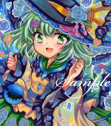 1girl :d black_hat blue_background blue_flower blue_rose fang floral_print flower frilled_sleeves frills green_eyes green_hair green_skirt hat hat_flower komeiji_koishi long_sleeves looking_at_viewer marker_(medium) open_mouth rose rose_print rui_(sugar3) sample_watermark shirt skin_fang skirt smile solo touhou traditional_media watermark yellow_shirt