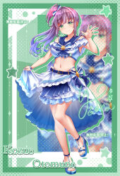 1girl 365_days_(love_live!) absurdres adapted_costume bare_shoulders blue_bow blue_bowtie blue_sailor_collar blue_sandals blue_skirt bow bowtie breasts character_name commentary_request crop_top drop_shadow eight-pointed_star full_body green_background green_eyes high_heel_sandals highres kuntze large_breasts layered_skirt linea_alba link!_like!_love_live! looking_at_viewer love_live! miniskirt navel otomune_kozue purple_hair sailor_collar sandals sidelocks skirt solo standing stomach toes virtual_youtuber zoom_layer
