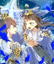 Rule 34 | blue background, duel monster, highres, jeonbyeong29172, looking at another, shinobaron peacock, shinobaroness peacock, yu-gi-oh!
