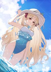 Rule 34 | 1girl, absurdres, bare shoulders, blonde hair, blue one-piece swimsuit, bow, breasts, ereshkigal (fate), fate/grand order, fate (series), frilled one-piece swimsuit, frills, hair bow, hair ribbon, hat, highleg, highleg one-piece swimsuit, highres, long hair, looking at viewer, ninjin (ne f g o), ocean, one-piece swimsuit, parted bangs, red eyes, ribbon, sky, smile, solo, space ereshkigal (fate), space ereshkigal (first ascension) (fate), sun hat, swimsuit, two-tone one-piece swimsuit, two-tone swimsuit, two side up