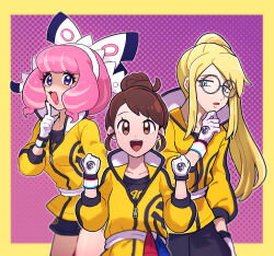Rule 34 | 1boy, 2girls, alternate costume, arm at side, avery (pokemon), black shorts, border, bow, breasts, brown hair, chiimako, collarbone, drill hair, dynamax band, eyeshadow, flipped hair, glasses, gloria (pokemon), gloves, hair bow, hair bun, hairband, hand up, hands up, index finger raised, jacket, klara (pokemon), leaning forward, long hair, makeup, master dojo uniform, medium breasts, mole, mole under mouth, multiple girls, nintendo, no headwear, pink eyeshadow, pink hair, pink lips, pokemon, pokemon swsh, ponytail, purple background, purple eyes, round eyewear, short hair, shorts, side slit, side slit shorts, single hair bun, smile, twin drills, white bow, white gloves, white hairband, yellow border, yellow jacket, zipper, zipper pull tab