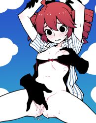 1girl ahoge akableak arms_up black_bra blue_background blue_shirt blue_sky blush bottomless bow bow_bra bra bra_pull clothes_pull cloud collarbone disembodied_hand drill_hair embarrassed feet_out_of_frame fingering grabbing_another&#039;s_breast groin groping hair_between_eyes hands_out_of_frame highres hip_bones holding_another&#039;s_wrist kasane_teto mesmerizer_(vocaloid) narrow_waist navel nervous nervous_sweating nipples open_clothes open_shirt parted_lips pinstripe_pattern pinstripe_shirt pussy pussy_juice raised_eyebrows red_bow red_hair red_trim ribs shirt short_sleeves sky solo solo_focus spread_legs striped_clothes striped_shirt sweat twin_drills two-tone_shirt uncensored underwear utau vertical-striped_clothes vertical-striped_shirt white_shirt wide_spread_legs