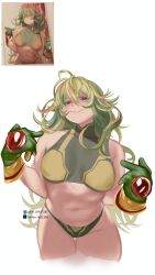 1girl absurdres artist_name bikini boku_no_hero_academia breasts deku&#039;s_photo_of_hagakure_toru gloves green_hair hagakure_toru highres looking_at_viewer multicolored_hair nstt_399 official_alternate_costume smile solo standing stomach swimsuit underwear unusually_visible