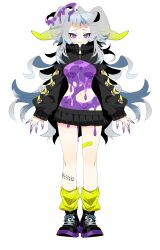 1girl :3 absurdres ahoge bandaid bandaid_on_leg black_hair black_shoes black_shrug black_skirt breasts closed_mouth colored_inner_hair fujimi_yururu full_body green_leg_warmers grey_hair halo highres kinako_(marubotan) leg_warmers long_hair long_sleeves melting_halo microskirt multicolored_hair navel official_art pleated_skirt puffy_long_sleeves puffy_sleeves purple_eyes purple_halo shoelaces shoes shrug_(clothing) simple_background skirt sleeves_past_wrists slit_pupils solo standing striped_leg_warmers tachi-e transparent_background vebop_project very_long_hair virtual_youtuber zipper