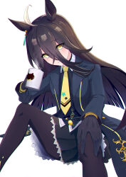Rule 34 | 1girl, absurdres, ahoge, animal ears, animal print, belt, black belt, black choker, black coat, black gloves, black hair, black pantyhose, black shirt, cat print, choker, coat, coffee mug, collared shirt, cup, dorifi, earrings, english text, engrish text, frilled skirt, frills, gloves, hair between eyes, hand on own knee, hand up, highres, holding, holding cup, horse ears, horse girl, jewelry, knees up, long bangs, long hair, long hair between eyes, long sleeves, manhattan cafe (umamusume), mug, multicolored hair, necktie, on ground, open clothes, open coat, pantyhose, parted lips, pleated skirt, ranguage, shirt, simple background, single earring, skirt, solo, umamusume, very long hair, white background, white hair, yellow necktie