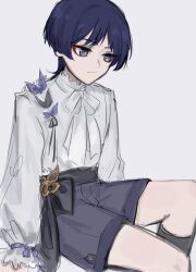 1boy alternate_costume arms_at_sides black_hair black_sash blunt_ends bow bright_pupils closed_mouth expressionless eyelashes eyeliner eyeshadow genshin_impact grey_background grey_eyes highres looking_to_the_side makeup male_focus purple_ribbon purple_shorts red_eyeliner red_eyeshadow ribbon sash scaramouche_(genshin_impact) sgm618 shirt shorts sitting sketch sleeve_ribbon solo twitter_username white_bow white_pupils white_shirt white_sleeves wispy_bangs