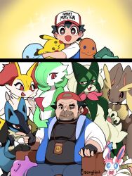 1boy absurdres aged_up ash_ketchum balding baseball_cap black_hair bongfill braixen brown_eyes bulbasaur charmander cryptocurrency dave_the_diver ditto fingerless_gloves gardevoir gen_1_pokemon gen_3_pokemon gen_4_pokemon gen_6_pokemon gloves hat highres jacket lopunny lucario meowscarada nintendo one_eye_closed open_mouth pikachu pokemon pokemon_(anime) pokemon_(creature) pokemon_xy red_hat satoshi_(dave_the_diver) shirt short_hair short_sleeves sitting sleeveless sleeveless_jacket smile sparkle squirtle stuffed_toy sylveon