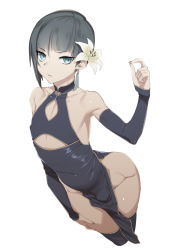 Rule 34 | 1boy, androgynous, black hair, blue eyes, blush, bowl cut, china dress, chinese clothes, collarbone, dress, eyelashes, flower, foreshortening, looking at viewer, male focus, narrow waist, pelvic curtain, protagonist (smtv), shin megami tensei, shin megami tensei v, short hair, simple background, solo, tawapo, thighs, trap, white background, wide hips