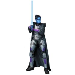 1girl alien armor black_cape black_hair blue_lightsaber blue_skin cape chiss colored_skin energy_sword full_body holding holding_sword holding_weapon lightsaber red_eyes simple_background standing star_wars sword weapon white_background will_nunes