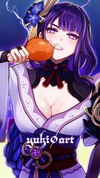 1girl artist_name breasts chicken_(food) chicken_leg cleavage clenched_teeth eating electricity food genshin_impact hair_ornament highres holding holding_food japanese_clothes kimono long_hair mole mole_under_eye obi off_shoulder purple_eyes purple_hair purple_kimono raiden_shogun sash solo teeth upper_body very_long_hair yuki0_art