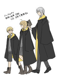 1girl 2boys ahoge artoria_pendragon_(fate) bedivere_(fate) black_robe blonde_hair book boots braid braided_ponytail brown_boots child_gilgamesh_(fate) commentary_request fate/grand_order fate_(series) gilgamesh_(fate) grey_hair grey_pants grey_shorts height_difference highres hogwarts_school_uniform holding holding_book hufflepuff moonlight_0423 multiple_boys neckerchief pants pleated_skirt ponytail red_eyes robe saber_lily school_uniform shorts skirt sleeves_past_fingers sleeves_past_wrists translation_request wizarding_world yellow_neckerchief