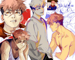 Rule 34 | :/, black hair, black pants, closed mouth, commentary, cropped torso, crossed arms, english commentary, facial mark, grey shirt, hand on own face, head rest, highres, hinamie, itadori yuuji, jujutsu kaisen, layered sleeves, long sleeves, looking to the side, male focus, multicolored hair, multiple views, orange eyes, pants, parted lips, pink hair, reference inset, scar, scar on chest, shirt, short over long sleeves, short sleeves, sideways glance, signature, sketch, smile, squiggle, tank top, teeth, topless male, two-tone hair, upper teeth only