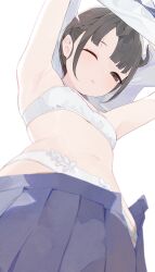 1girl black_eyes black_hair blue_skirt bra breasts clothes_lift clothes_pull commentary highres hiroki_(yyqw7151) lifting_own_clothes looking_at_viewer one_eye_closed original panties shirt_lift short_hair simple_background skirt skirt_pull small_breasts solo underwear undressing upshirt white_background white_bra white_panties