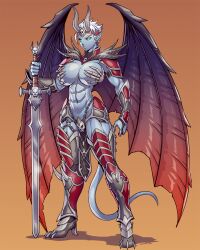 1girl abs armor black_sclera blue_eyes blue_skin breasts chain colored_sclera colored_skin commentary commission cuisses demon_girl demon_horns demon_tail demon_wings earrings english_commentary faulds full_body glowing glowing_eyes gradient_background greaves high_heels highres holding holding_sword holding_weapon horns jewelry large_breasts looking_at_viewer luigiix muscular muscular_female orange_background original pelvic_curtain planted planted_sword planted_weapon pointy_ears shadow shiny_skin short_hair shoulder_armor solo standing sword tail vambraces very_short_hair weapon white_hair wings