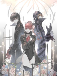 1girl 2boys akechi_gorou amamiya_ren black_coat black_hair black_leotard black_mask_(persona_5) brown_hair choker coat expressionless flower gloves grey_eyes hand_on_own_chest highres joker_(persona_5) leotard light_smile long_hair looking_at_viewer multiple_boys persona persona_5 persona_5_the_royal ponytail red_eyes red_hair ryokuyuu violet_(persona_5) yoshizawa_kasumi