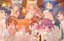 Rule 34 | 1boy, 6+girls, :o, acorn hair ornament, ahoge, animal ear fluff, animal ears, antenna hair, armpit crease, blue eyes, blue hair, blunt bangs, blush, bob cut, bow, braid, breasts, breasts apart, breath, brick wall, brown eyes, brown hair, censored, cleavage, closed mouth, collarbone, commentary request, completely nude, covering nipples, covering privates, cuffs, d:, ear armor, earrings, erection, everyone, eyes visible through hair, fang, fang out, flipped hair, frown, glands of montgomery, gradient hair, green eyes, grey hair, hair bow, hair flaps, hair over eyes, hand on own chest, hand on own shoulder, handjob, harem, heart, heart-shaped pupils, hetero, high ponytail, highres, hiyori (princess connect!), in heat, indoors, jewelry, kaori (princess connect!), karyl (princess connect!), kasumi (princess connect!), large breasts, looking at penis, looking at viewer, maho (princess connect!), makoto (princess connect!), medium breasts, medium hair, mosaic censoring, multicolored hair, multiple girls, navel, nipples, nude, open mouth, orange hair, penis, penis awe, perky breasts, ponytail, pov, pov hands, princess connect!, puffy nipples, purple eyes, purple hair, red bow, rin (princess connect!), shackles, shiori (princess connect!), short hair, short hair with long locks, sidelocks, single braid, small breasts, smile, split mouth, streaked hair, sukuda mizuo, swept bangs, symbol-shaped pupils, tamaki (princess connect!), twintails, two-tone hair, wavy mouth, white hair, yellow eyes, you gonna get raped