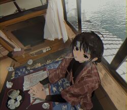 1girl black_eyes black_hair curtains hair_bun haori highres japanese_clothes kotatsu messy_hair nemiya original own_hands_together papers pen sick sitting solo table teapot television thermometer thermometer_in_mouth tissue_box used_tissue water window