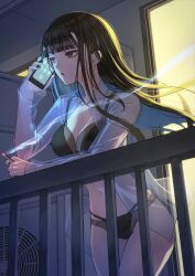 1girl balcony black_hair bra breasts exhibitionism highres long_hair medium_breasts misty_cj night original outdoors public_indecency see-through_clothes see-through_shirt shirt smoke smoking solo talking_on_phone underwear